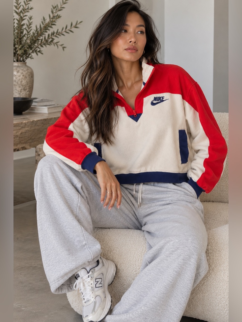 Vintage Nike Colorblock Cropped Fleece Quarter Zip Pullover Red Cream Navy M